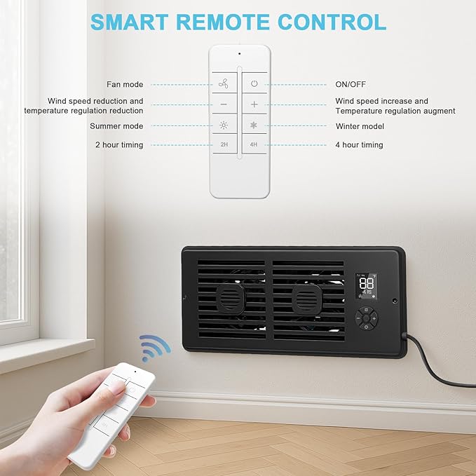 Register Booster Fan for 4" x 10" Vents Only, 10 Speeds to Control Cool & Warm Airflow, Air Conditioning Vents with LED Screen Remote & Thermostat Control, for Room Walls & Floors (Black)
