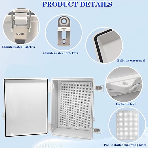Waterproof Electrical Box, IP67 Junction Box Stainless Steel Latch Hinged Grey Cover Project Enclosure with Wall Bracket 14.6" x 10.6" x 5.9"