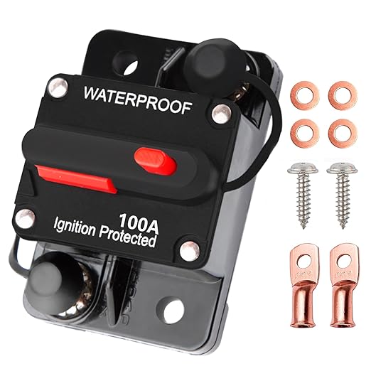 100 Amp Circuit Breaker Manual Reset Waterproof Inline Fuse Inverter for Car ATV Marine Victron Inverter Trolling Motors Boat Power Protect 12V-48V, with Wire Lugs Copper Washer Screw