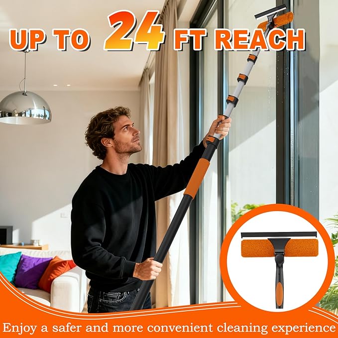 30FT Reach 2-in-1 Window Squeegee, Professional Window Washing Kit with 5-24FT Extension Pole for Home, Indoor Outdoor Squeegee with Rotatable Head for High Windows