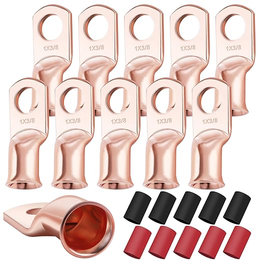 XHF 10PCS 1 AWG-3/8 Heavy Duty Battery Lugs with 3:1 Heat Shrink Tubing, Ring Terminals Battery Cable Ends Copper Eyelets Electrical Battery Connectors
