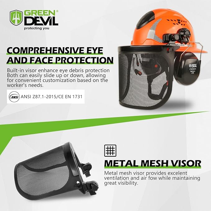 GREEN DEVIL Industrial Chainsaw Helmet with Face Shield Built in Visor and Ear Muffs 4 in 1 System ANSI Z89.1 Safety Hard Hat Adjustable Headgear Ideal for Forestry and Arborist Work Full Brim Style