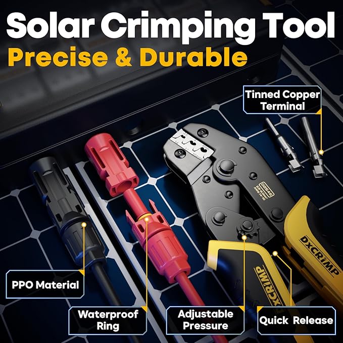 Solar Crimper Tool Kit for 14-10 AWG Solar Panel Cable with 1 Pcs Solar Crimper and 6 Pairs Solar connectors and 1 Pair Spanner Wrench,Solar installation assembly Tools,Solar crimping tool kit