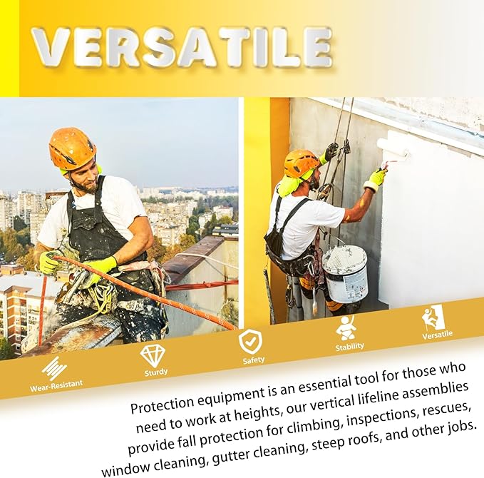 Fall Protection Safety Rope 50FT Heavy Duty Vertical Roofing Ropes with Alloy Steel Grab Snap Hooks Shock Absorber Fall Protection Tree Climbing Line Kit Tree Stand Safety Rope Line Kit