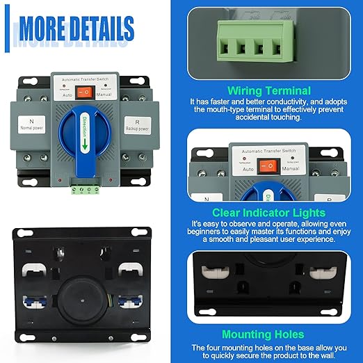 63A 110V Dual Power Automatic Transfer Switch Manual Transfer Switch 50/60Hz Din Rail Mounted Mini ATS 2/3/4P 63/32A for Hone Generator and Backup Power RV (2P 63A)