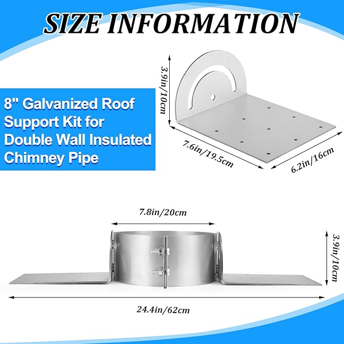 Hicarer 8 Inch Chimney Roof Support Bracket Stove Pipe Roof Brackets Adjustable Galvanized Support Kit with Fixing Holes for Double Wall Insulated Chimney Pipe