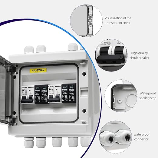 Solar Panel Disconnect Switch,40A 500V RV Circuit Breaker Box with PV Surge Protector IP65 Waterproof 2 String 2 in 2 Out PV Combiner Box for Solar Panel