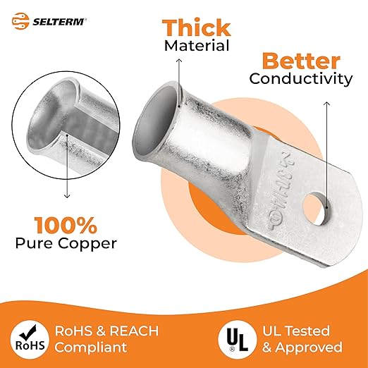 SELTERM 2pcs 3/0 AWG 1/4" Stud Tinned Copper Wire Lugs, Battery Lugs, Ring Terminals, Battery Cable Ends, 000 Gauge Ring Terminal Connectors, UL Marine Grade Electrical Battery Terminal Connectors