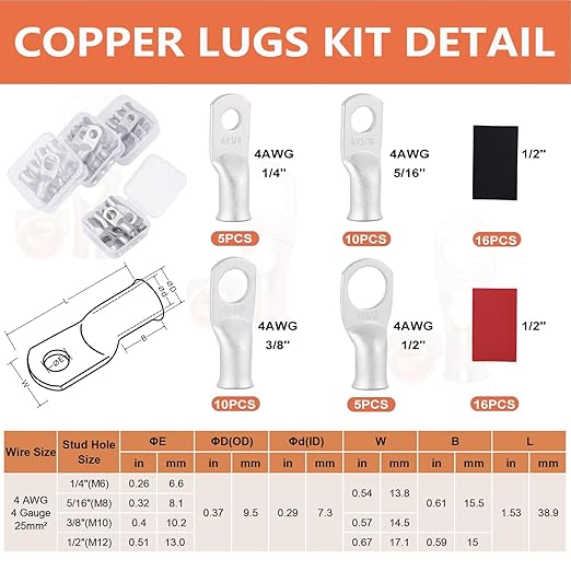 4 AWG Tinned Copper Ring Terminal Kit (62 Pcs) - 30 Battery Lugs (1/4", 5/16", 3/8", 1/2") with 32 Heat Shrink Tubes for 4 Gauge Wire in Automotive, Solar, Marine, RV Applications
