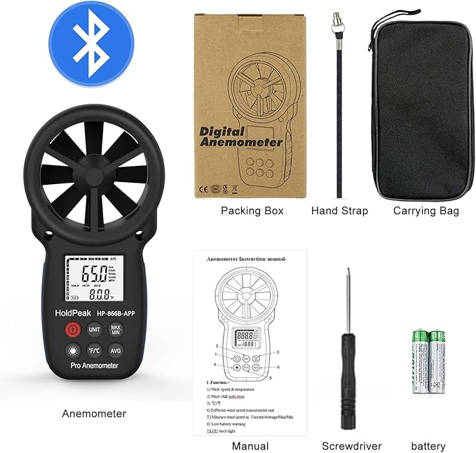 HoldPeak Handheld Anemometer Bluetooth, Digital Wind Speed Gauge Meter, Air Flow Velocity Temperature CFM Measuring Device for HVAC Outdoor Sailing Shooting Golf, 866B-APP