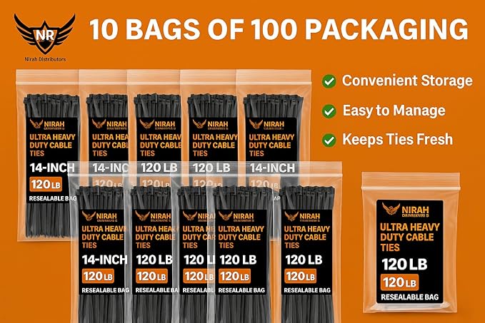 14 inch Zip Ties Black (1000 Pack) 120lbs Ultra Heavy Duty Tensile Strength, UV Resistant, Self-Locking, Nylon PA66 Cable Ties, Wire Ties for HVAC, Home, Office, Contractors, Businesses by Nirah