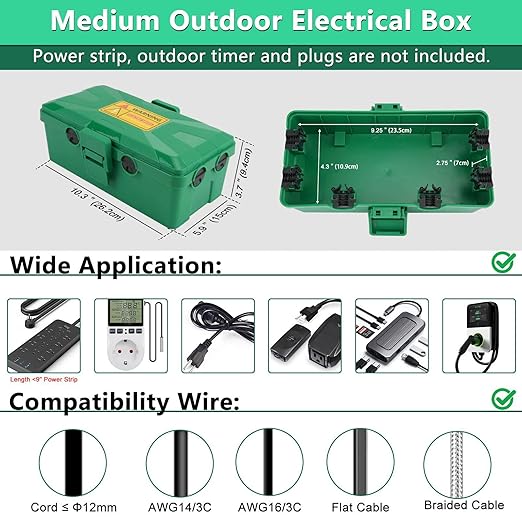 NineLeaf [2 Pack] Outdoor Electrical Box Waterproof, Medium Weatherproof Electrical Box (10.3x5.9x3.7 inch), Extension Cord Cover for Power Strip, Timer, Plug, Christmas Light, Green