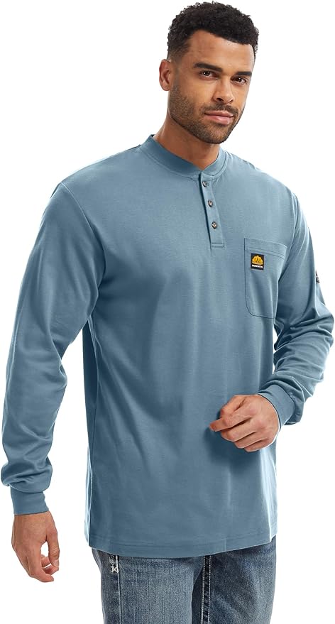 WORKWEYA 6.5oz Flame Resistant Henley Shirt 100% Cotton Lightweight FR Shirts for Men