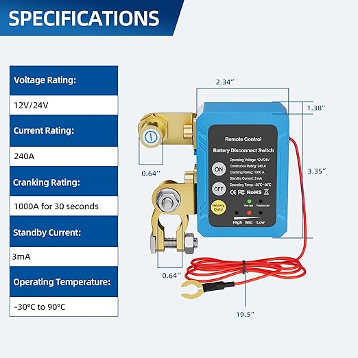 12V 240A Remote Battery Disconnect Switch Kill Switch Automatic Power Shut Off Switch Remote Control Switch for Auto Car Truck Boat