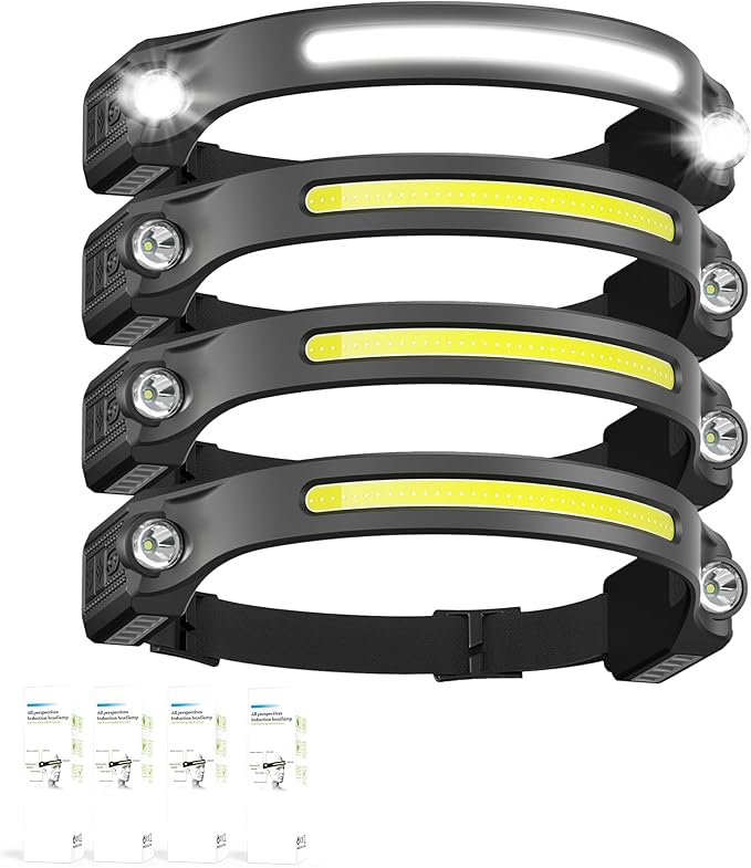 AlpsWolf LED Headlamp Rechargeable, 2 XPE LED and COB LED Head Lamp, Motion Sensor, 260° Wide Beam, IPX4 Waterproof, Rechargeable Headlight for Camping Accessories (4 Pack)
