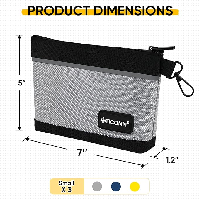 TICONN Tool Pouches with Zipper, 1680D Oxford Small Tool Bags, Waterproof Utility Bag Zipper Pouch for Tool Organizers and Storage (3 Pack Small)