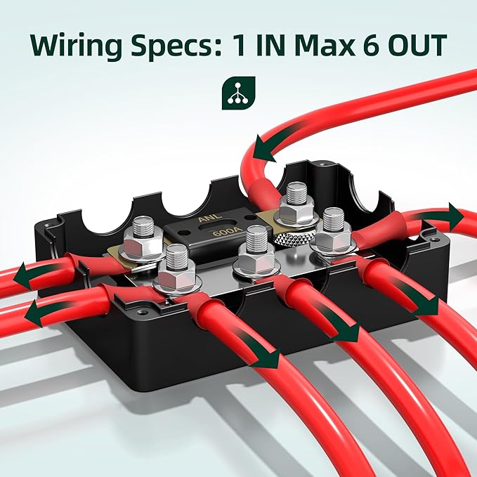 ANL Fuse Holder Max 1000A 1 in 6 Out Waterproof Anl Fuse Block with 5 x 5/16" Studs Dual Fuse Holder with 300 Amp, 400 Amp, 500 Amp and 600 Amp ANL Fuses for Marine Automotive Car Truck Boat