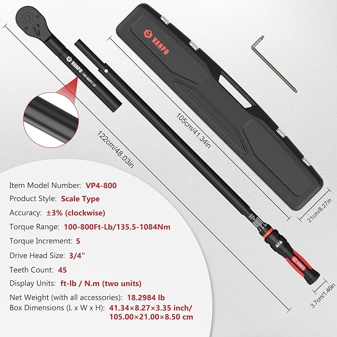 VANPO Torque Wrench 3/4-Inch Drive 100–800 Ft-Lb Heavy Duty Click Type for Construction & Agricultural Equipment – TPR+ABS Handle, ±3% Accuracy, 45-Tooth Ratchet, 48" Long Handle with Case