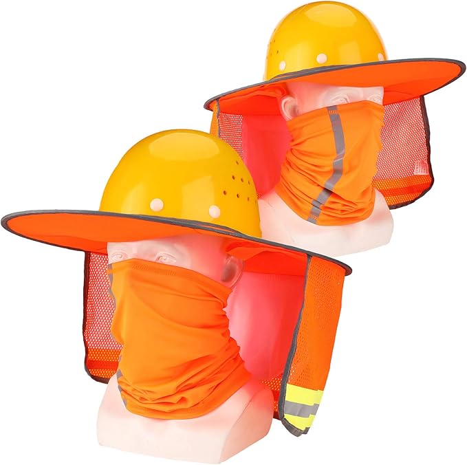 SATINIOR 2 Pcs Sun Hard Hat Neck Protection High Visibility Full Brim Mesh Sun Protection and Neck Gaiter Bandana Face Scarf for Construction Helmet Hard Hat Accessories, Reflective(Orange)