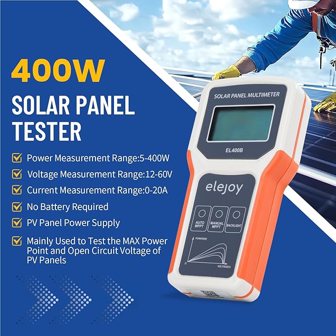 400W Solar Panel Tester Photovoltaic PV Multimeter with MPPT, 12-60V Voc, 0-20A Isc, Battery-Free Portable, LCD Display with MC4 & Alligator Clips for DIY Home RV Solar Test