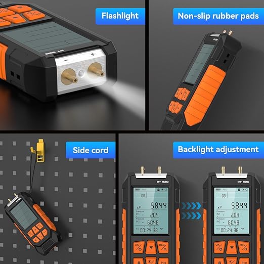 Manometer Gas Pressure Tester -100 to 200Kpa Dual-Port Digital Manometer 10 Measurement Units, Manometer HVAC Gas Pressure Tester with 29 Sets Data Recording, Backlight & Flashlight, Auto-Shutdown