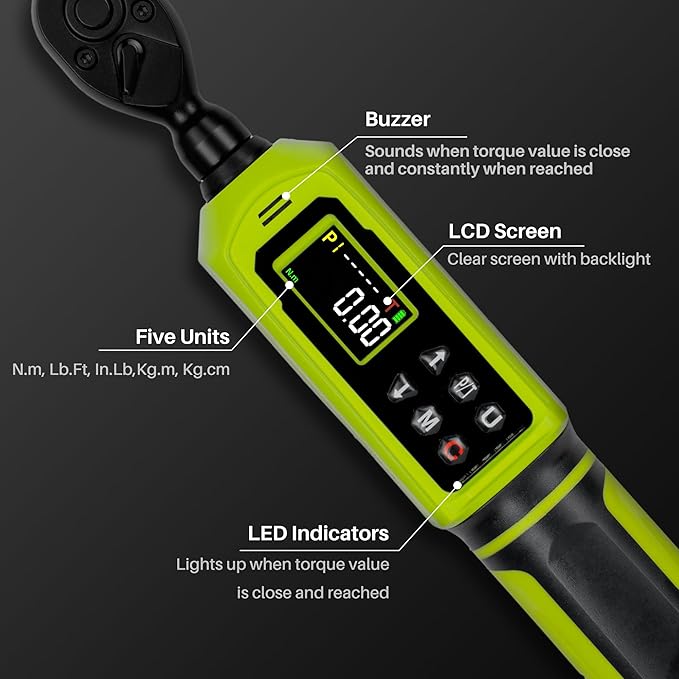 Digital Torque Wrench 1/4" Drive-4-266In.Lb/0.45-30N.m, Electric Torque Wrench With Vibration Buzzer LED Indicator,±2% Accuracy Five Units for Bike Motorcycle Car Auto Repair,DIY,Green Black