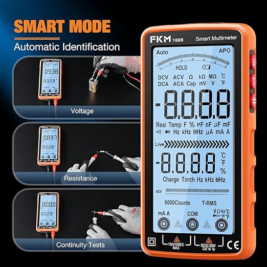 FKM Digital Multimeter Tester Auto-Ranging TRMS 6000 Counts Smart Rechargeable Voltmeter Electrical Tester Measures AC/DC Current,Voltage,Capacitance,Resistance,NCV,Amp,Ohm,Diodes,Countinuity,Temp