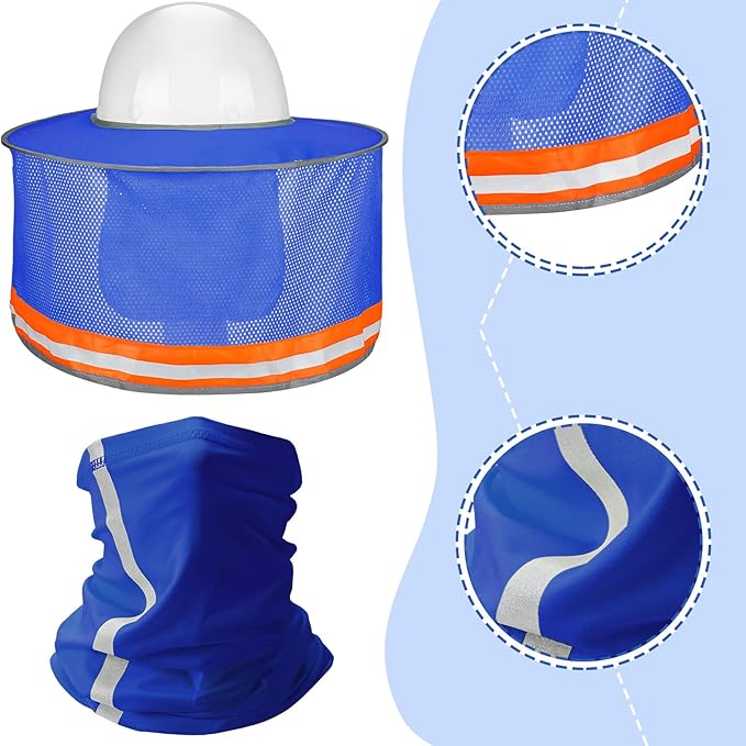 SATINIOR 3 Pcs Sun Hard Hat Neck Protection High Visibility Full Brim Mesh Sun Protection Bandana Headband Arm Sleeves with Reflective Strap for Construction Helmet Hard Hat(Blue)