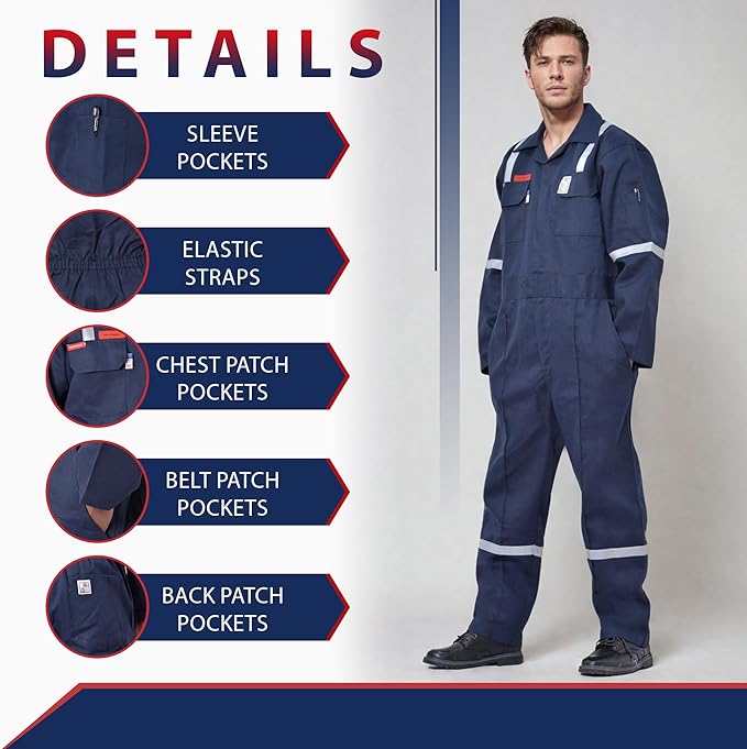 Flame Resistant FR Hi Vis Coveralls for Men NFPA 2112 Complied 7oz Overall for Men Reflective Tape 6 Pockets Coverall