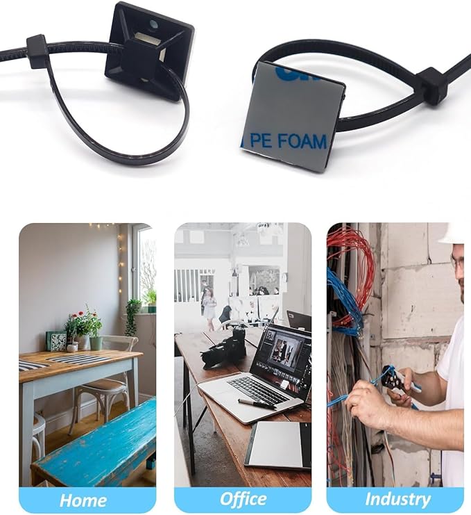 Cable Management Kit - 100 Set Adhesive Cable Zip Tie Mounts with 8" Zip Ties | UV Resistant Wire Organizers for Indoor/Outdoor Use-Black