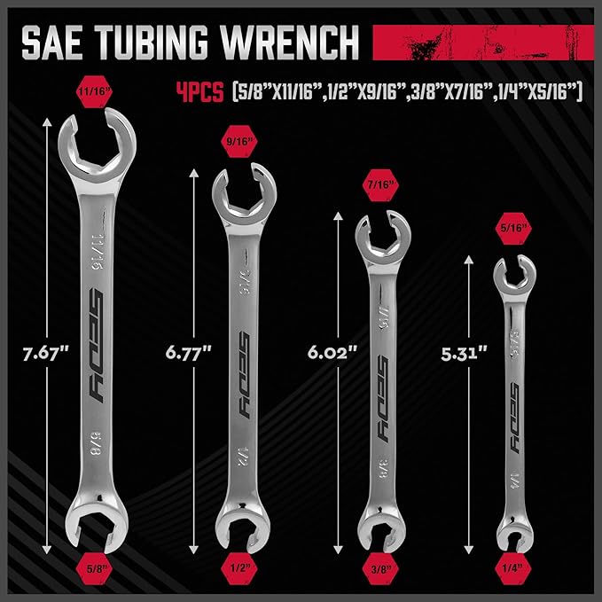 4-Piece Flare Nut Wrench Set - SAE Brake Line Wrench 1/4, 5/16, 3/8, 7/16, 1/2, 9/16, 5/8, 11/16-inch, Professional Offset Heads, Portable Organizer Pouch Included