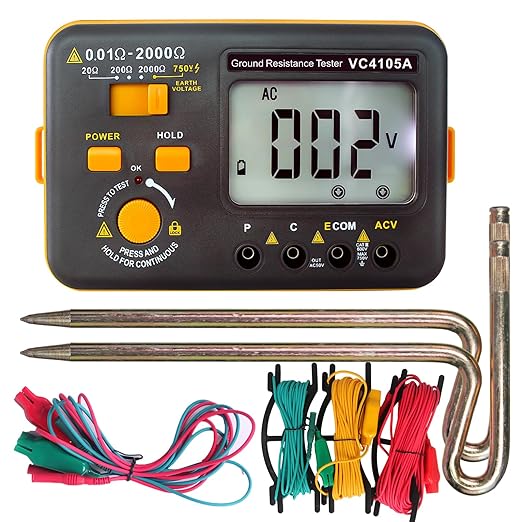 VC4105A Earth Resistance Tester Digital Grounding Resistance Meter 20/200/2000Ω Ground Resistance 750V AC Voltage Measure Backlight LCD Display Data Hold
