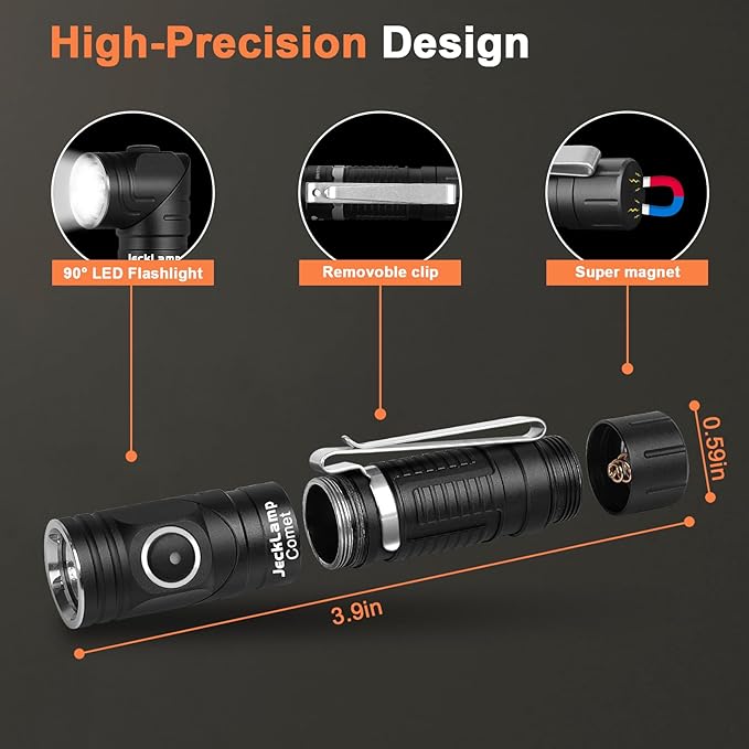 90 Degree EDC Flashlight, 1200 High Lumens Magnetic Flashlight with Clip, 6 Modes Rechargeable Led Headlamp, Pocket Tactical Flashlight for Working, Camping（Battery Included）