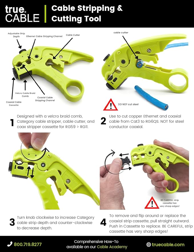 trueCABLE Wire Stripping and Cutting Tool for UTP, FTP, STP, Cat5e, Cat6, Cat6A Ethernet, RG59, RG6, RG7, RG11 Coax Cable, Adjustable Blade Depth