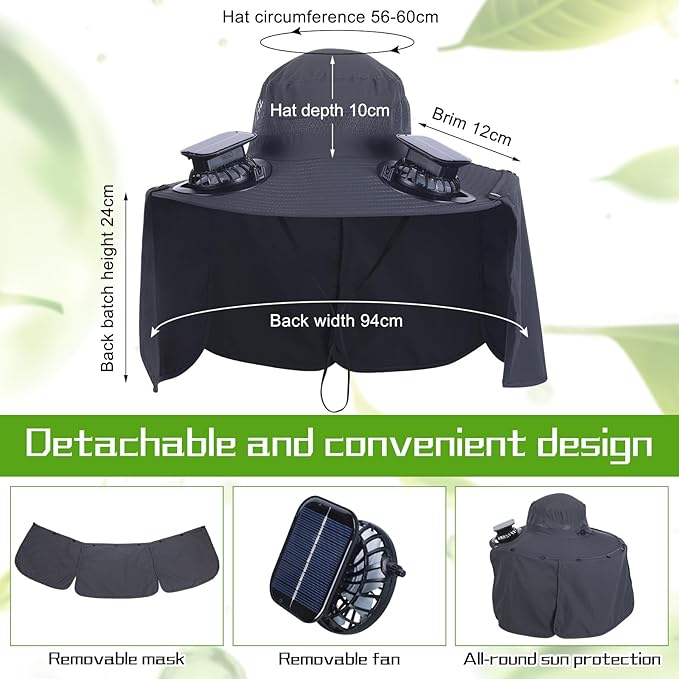 Chuarry Wide Brim Sun Hat with 2 Fan Outdoor Solar Powered USB Charging Fishing Hat with Neck Flap for Men Women