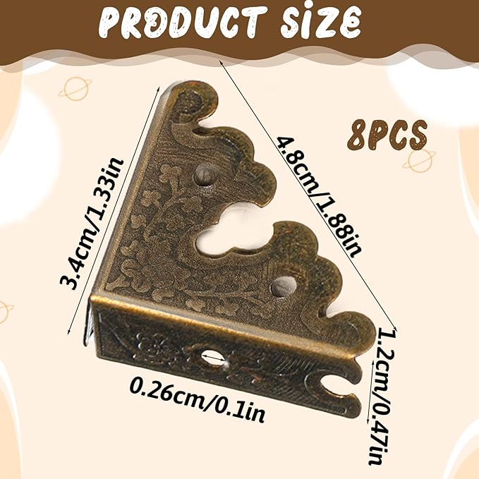 8 Pcs Bronze Decorative Table Corner Protectors, Vintage Corner Protectors for Furniture Vintage Covers Triangle Antique Bronze Metal Corners Protector with Screws for Jewelry Wooden Box Desk