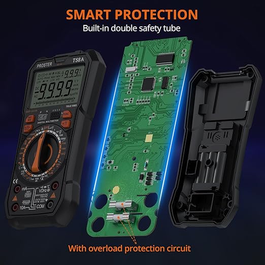 Proster Digital Multimeter TRMS Manual Range Multimeter 9999 Counts NCV Detector DC AC Voltage Current Meter Temperature Capacitance Resistance Diode Continuity HFE Tester LOZ