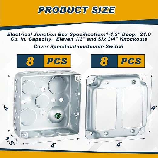 8 Set 4 × 4" Electrical Junction Box with Cover Electrical Metal Outlet Box, 21.0 Cu. in. Capacity Receptacle Exposed Work Cover, 1-1/2'' Deep (2 Gfci)