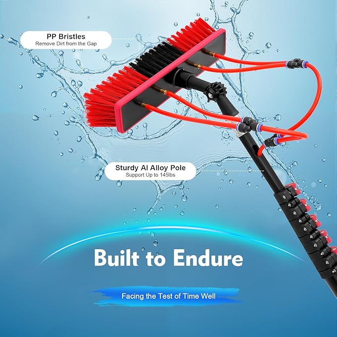 TFCFL Professional Water Fed Pole Kit, 24ft Telescopic Aluminum Alloy Window & Solar Panel Cleaner with 65ft Hose, 210° Rotating Brush, 4 Water Jets for High Reach Cleaning, Car, Glass Roof