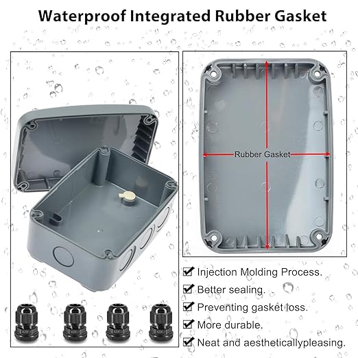 Outdoor Junction Box,Nineleaf IP66 Weatherproof Electrical Project Boxes PVC/ABS Plastic Enclosure Box Universal Watertight 4.9 x 3.3 x 2.3 inch (125x86x62mm), with 4PK 20mm Cable Gland Grey(1 Set)