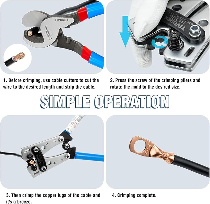 Battery Cable Wire Lug Crimping Tool for AWG 8-1/0 Heavy Duty Wire Copper Lugs, Electrical Lug Crimper with Cable Cutter