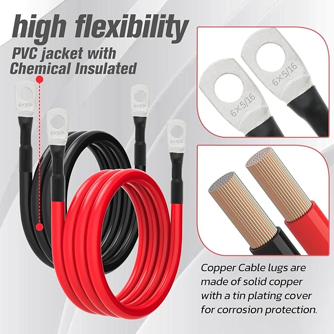 6 AWG Battery Cable 6AWG Gauge Battery Inverter Cables for Automotive Solar Marine Boat RV Car Motorcycle (6 AWG, 7FT, 5/16")