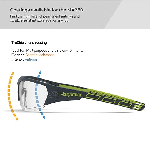 HexArmor MX250 Clear Safety Glasses for Men and Women | Anti-Fog | Scratch Resistant Wrap Around Lenses | Modern-Safety Glasses | Metal-Free | Certified ANSI Z87 | 100% UV Protected Eyewear