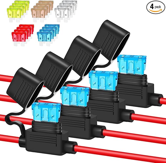 4 Pack 14AWG Inline Fuse Holder, Waterproof Standard 12V/24V Automotive Fuse Holder Kit with 20pcs ATC/ATO Fuses (7.5A-25A), Tinned Copper Wire for Auto Marine Pump Boat Truck