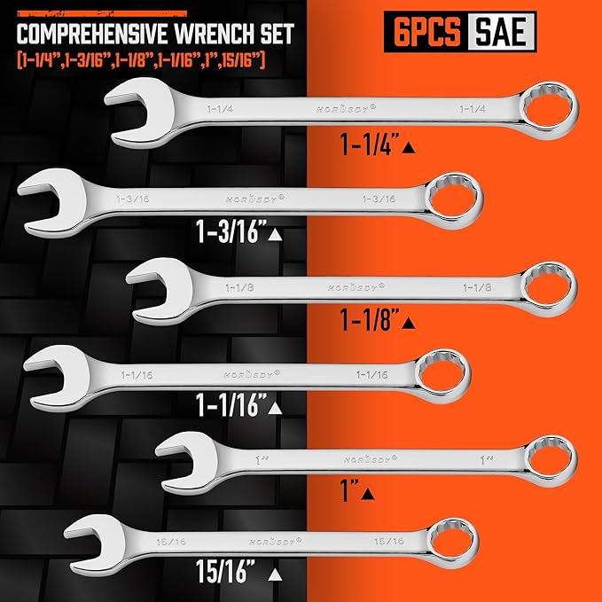 HORUSDY Large Wrench Set with Rolling Pouch | SAE | 6-Piece | 15/16″, 1″, 1-1/16″, 1-1/8″, 1-3/16″, 1-1/4″ | 12 Point | Chrome Vanadium Steel