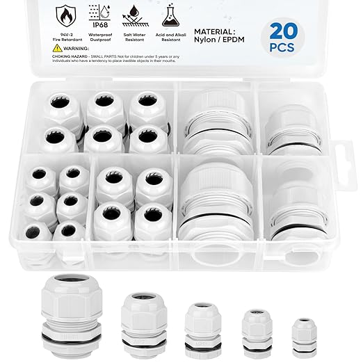 TICONN 20 Pcs IP68 Waterproof Cable Gland Kit Nylon NPT Adjustable Cable Connectors Assortment 1/4” 3/8” 1/2” 3/4” 1“ for Waterproof Junction Box Wire Pannel (Grey, 20 Pcs)