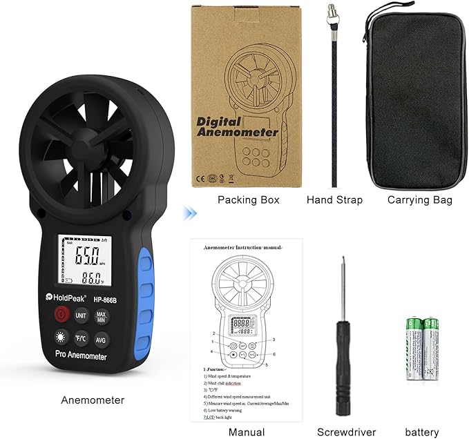HoldPeak 866B Digital Anemometer Handheld Wind Speed Meter for Measuring Wind Speed, Temperature and Wind Chill with Backlight and Max/Min