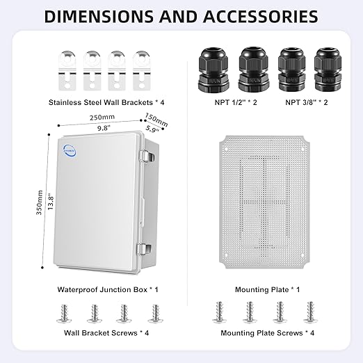Waterproof Outdoor IP67 Junction Box (13.8"x9.8"x5.9") with Mounting Plate, Hinged Grey Cover and Wall Brackets - Weatherproof ABS Plastic Electrical Enclosure for DIY Projects (350x250x150mm)