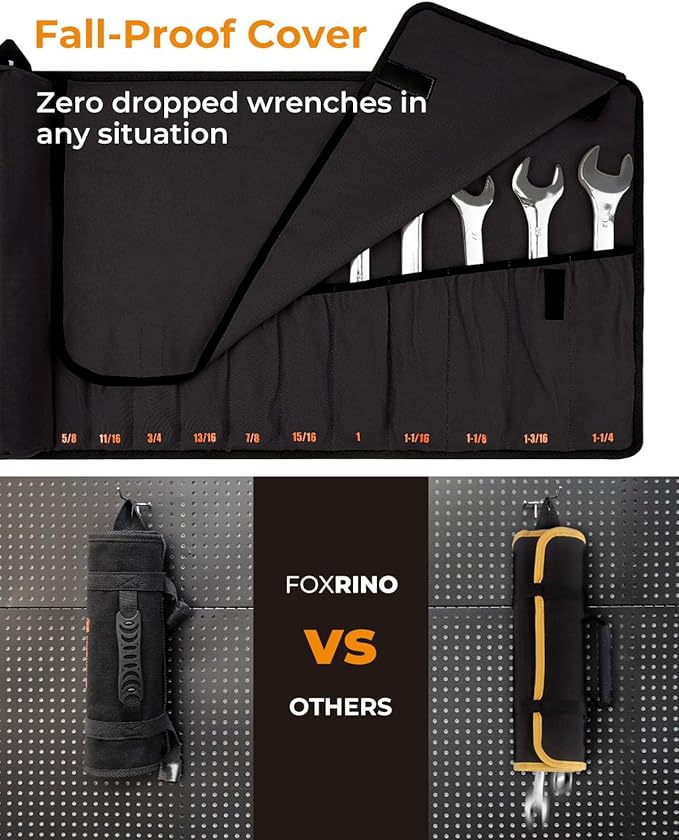 Wrench Roll, Wrench Roll Up Pouch, 17-Pocket Heavy Duty Canvas Wrench Organizer Bag for SAE Combination Wrenches, Portable Tool Roll Bag, Gifts for Men for Christmas (Black, 17+1 SAE)