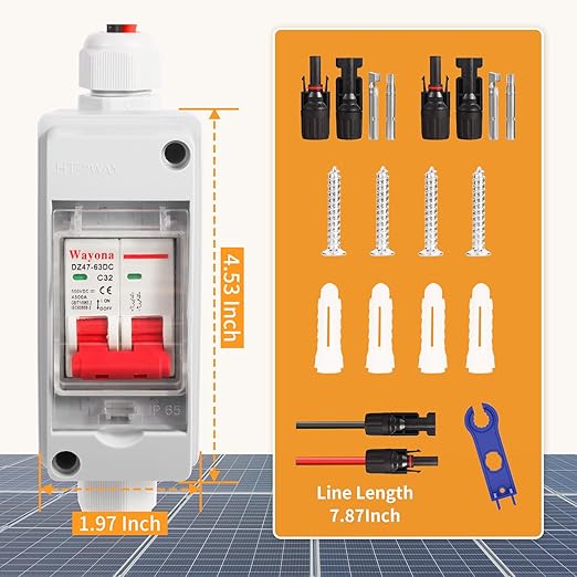 Wayona Solar Panel Disconnect Switch DC 500V Circuit Breaker Box 32Amp IP65 Waterproof Miniature Circuit Breaker Solar PV Disconnect Switch Box Outdoor